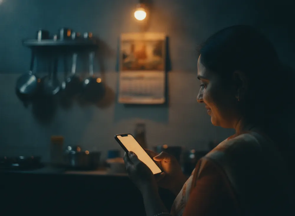 Someone using AI on their phone at home at night